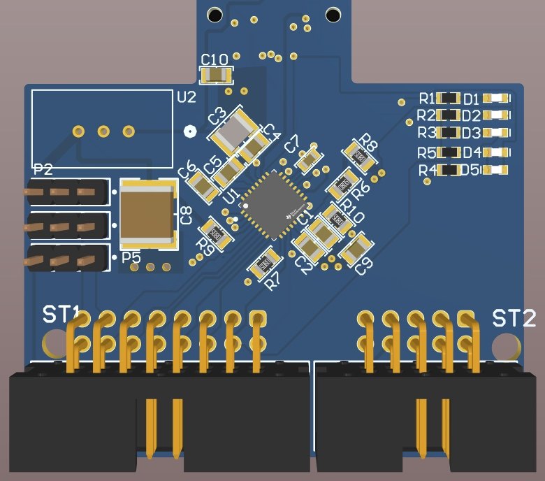 Logic board. The DRV8703-Q1 gate driver is U1, P2 and P5 are the jumpers that select standalone or slave mode, D1–D5 are the five status LEDs (VBATT, 3.3 V, FAULT, FWD, REV), and ST1/ST2 are the stacking headers.