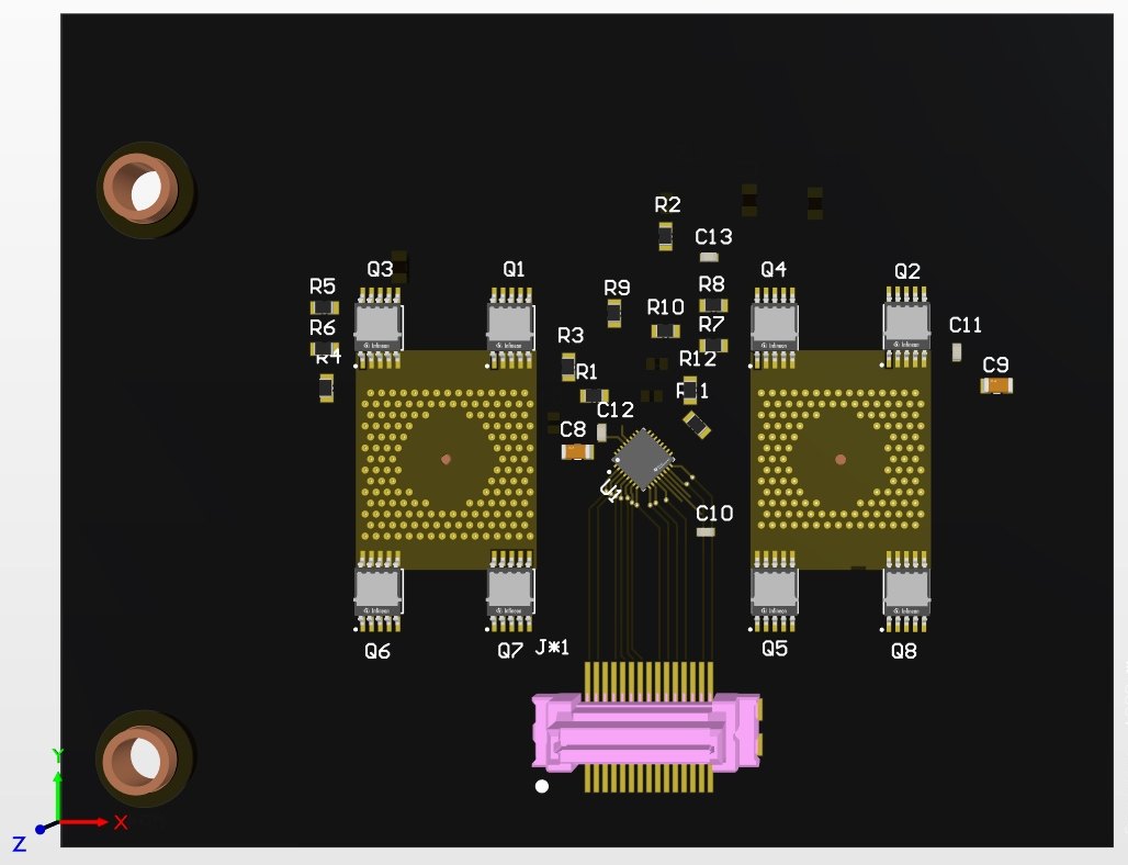 Power board, rendered from the Altium project. Q1–Q8 are the two legs of four paralleled MOSFETs, and each leg sits on its own via-stitched copper pour, which is where the heat goes. The board-to-board connector at the bottom edge is where the logic board stacks on.